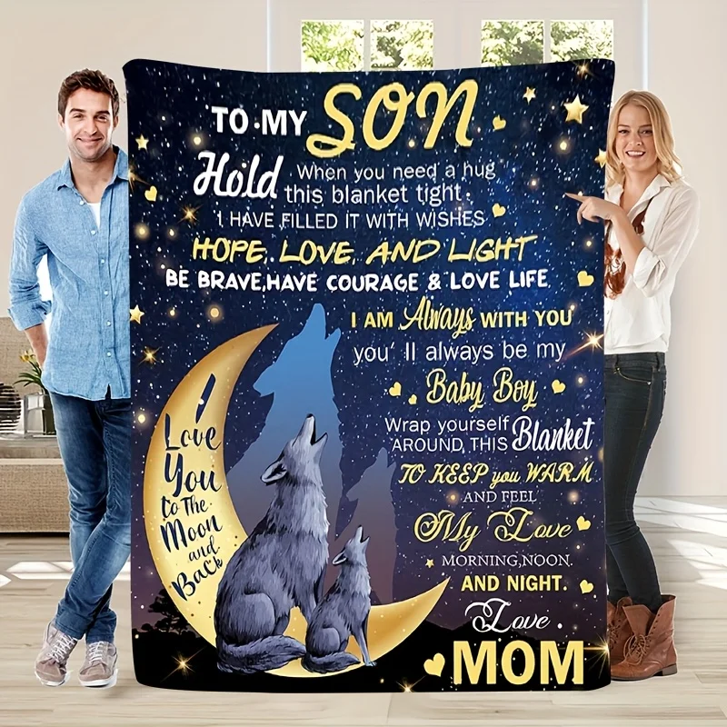 بطانية مريحة من الصوف الفانيلا للابن من أمي - "إلى ابني" عواء الذئب في تصميم القمر، ناعمة ودافئة، مثالية لجميع المواسم