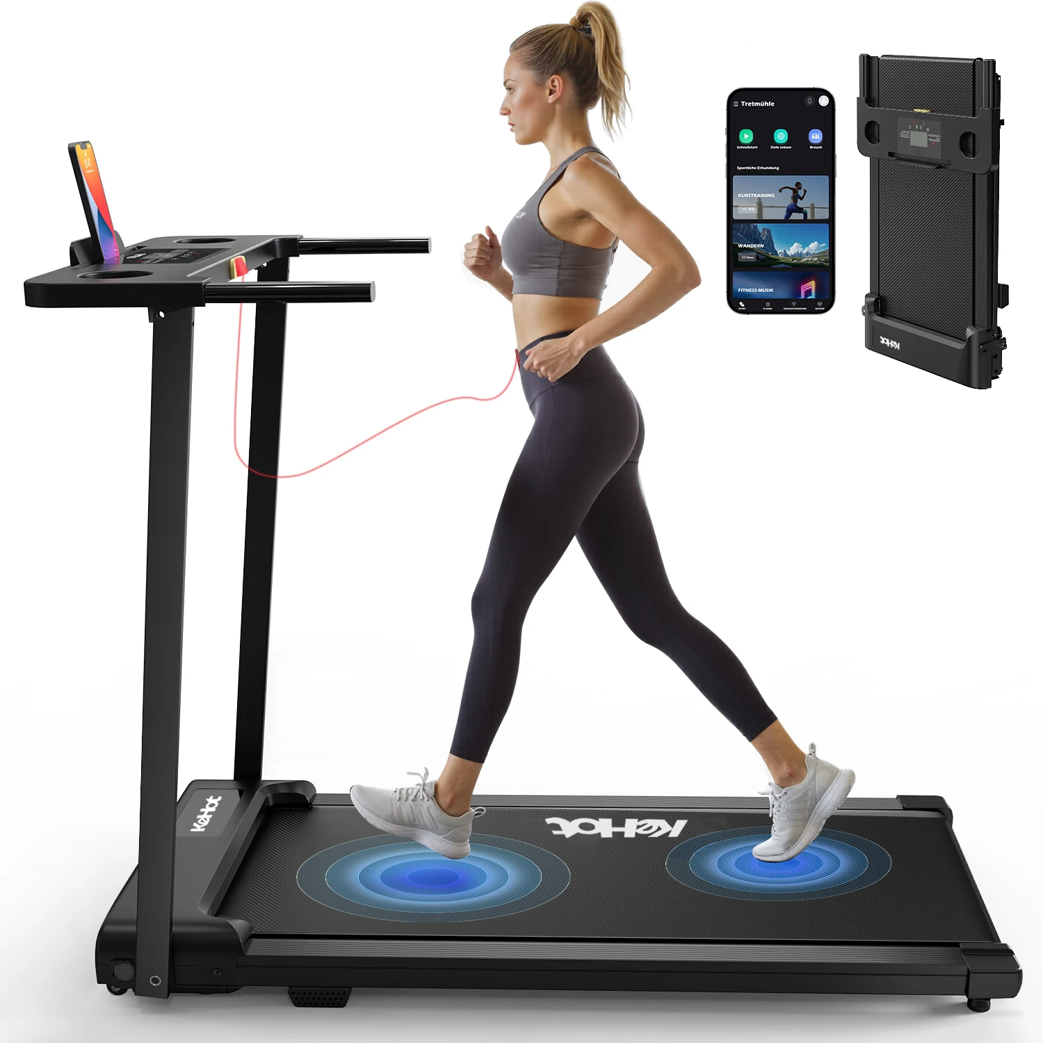 KeHot Home Opvouwbare Loopband met FITSHOW APP & Bluetooth Audio, 1-12 km/u Elektrische Loop- en Loopmachine, 2.0PK Piek Motor, LED Display, 12 Trainingsprogramma's, 100 × 38 cm Loopband