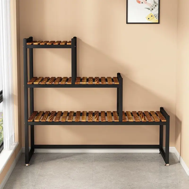 Cat litter box rack Cat wrought iron flower rack Solid wood large space Trapezoidal storage rack