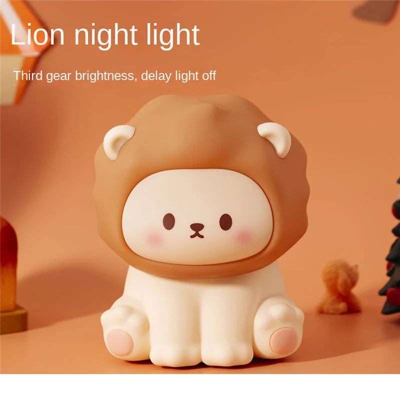 

LICE-Kawaii Lion Night Light Rechargeable Dimmable Silicone Sleeping Light Bedside Lamp Nursery Nightlights For Bedroom