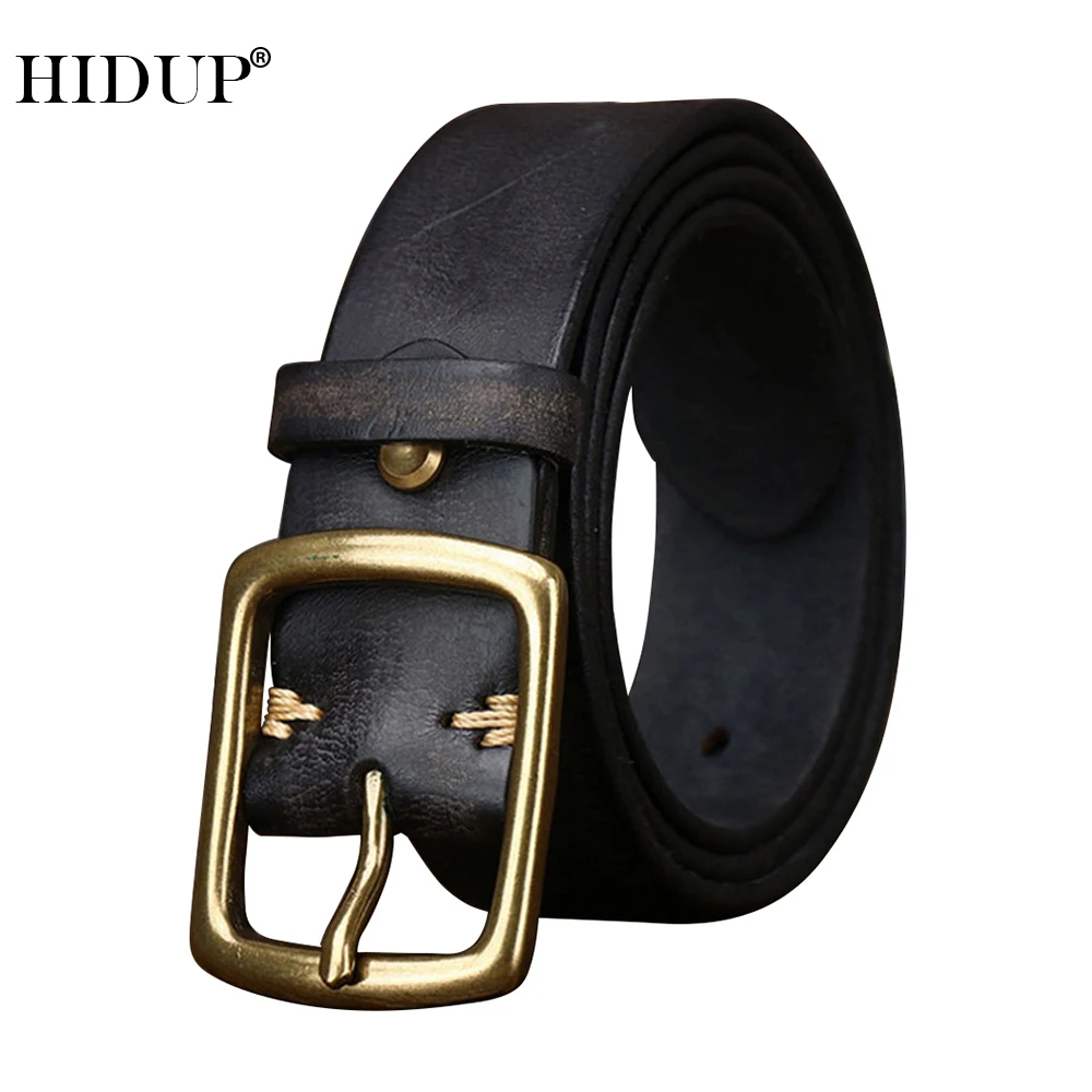 

HIDUP 100% Pure Cowhide Leather Brass Pin Buckle Belts for Men Jeans Accessories