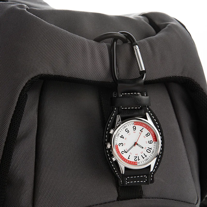 Montre de poche à quartz avec mousqueton pour la marche et le camping, cintre en cuir, horloge à affichage analogique à clipser, sac à dos extérieur, tendance