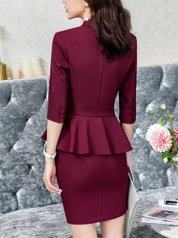 Red Skirt Suit 2 Pieces Set Fashion Business Women Suit Office Ladies Work Wear Uniform Interview Thin Blazer Hlaf Sleeve Top