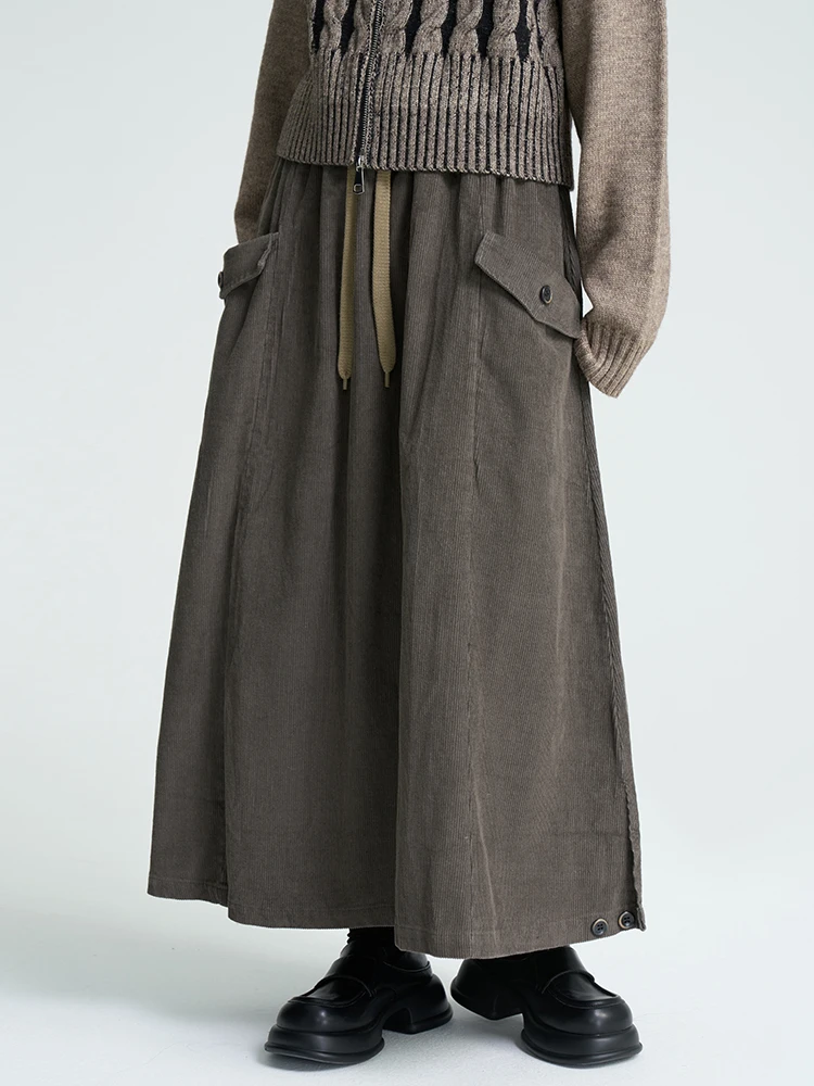 

Women's Autumn Winter Corduroy Skirt with Pockets Pleated A-Line Midi Skirt Casual Style mid Waist Polyester Fabric