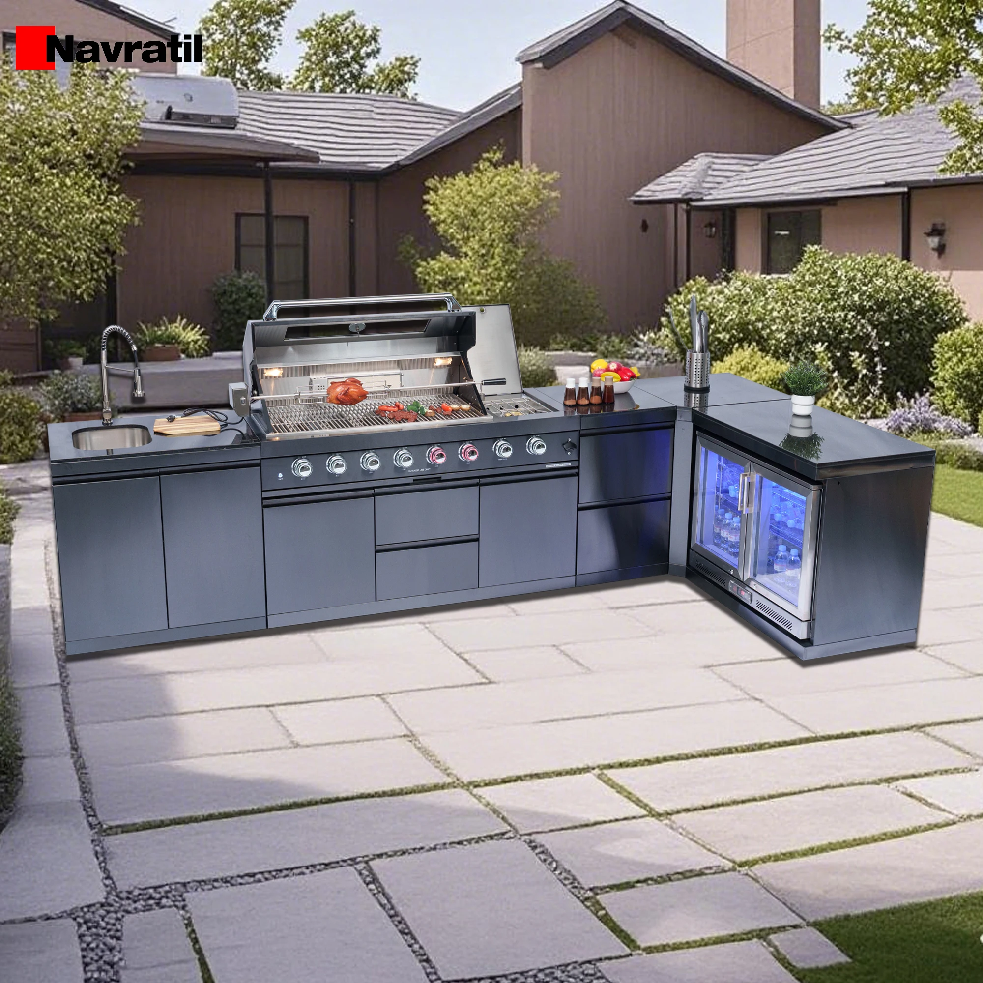 Luxury Complete Garden Stainless Steel BBQ L Shape Outdoor Kitchen Set Island Module With Fridge Sinks