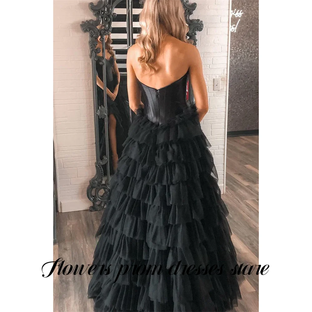 الزهور السوداء فساتين لحضور الحفلات الموسيقية الساتان صد فستان المشاهير مع طبقات تول مساء فستان كشكش طبقات فستان رسمي مخصص #2