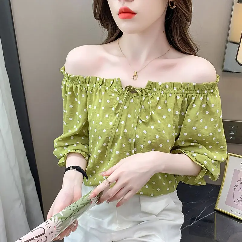 Women Summer Fashion Loose Polka Dot O-neck Short Sleeve Chiffon Shirt Ladies Casual All-match Appear Thin Lacing Trend Tops