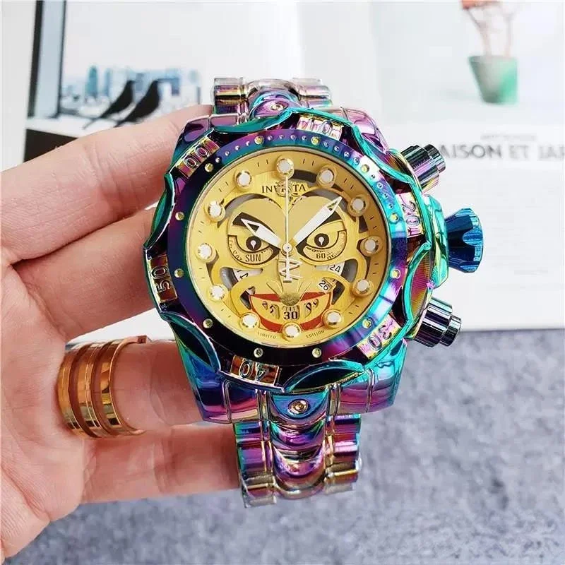 

Hot Sale Comics Joker Colorful Bracelet Quartz Watch Clown Dial Auto-date Large Metal Dial Steel Watchstrap Mens Wristwatch