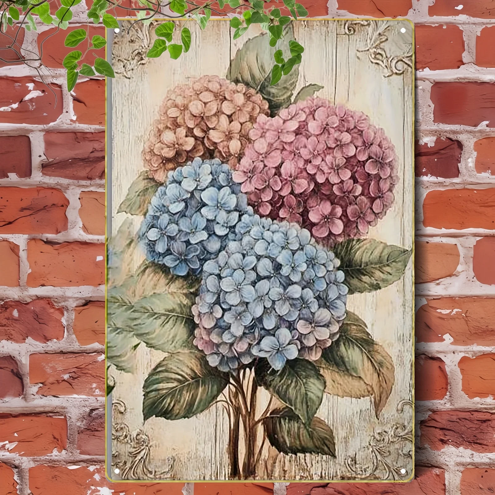 2D Flat, 1pc of 2D Metal Iron Sign with a Design Featuring Hydrangeas, Green Leaves, and an Ornate Border. Size: 20*30cm/8*12inc