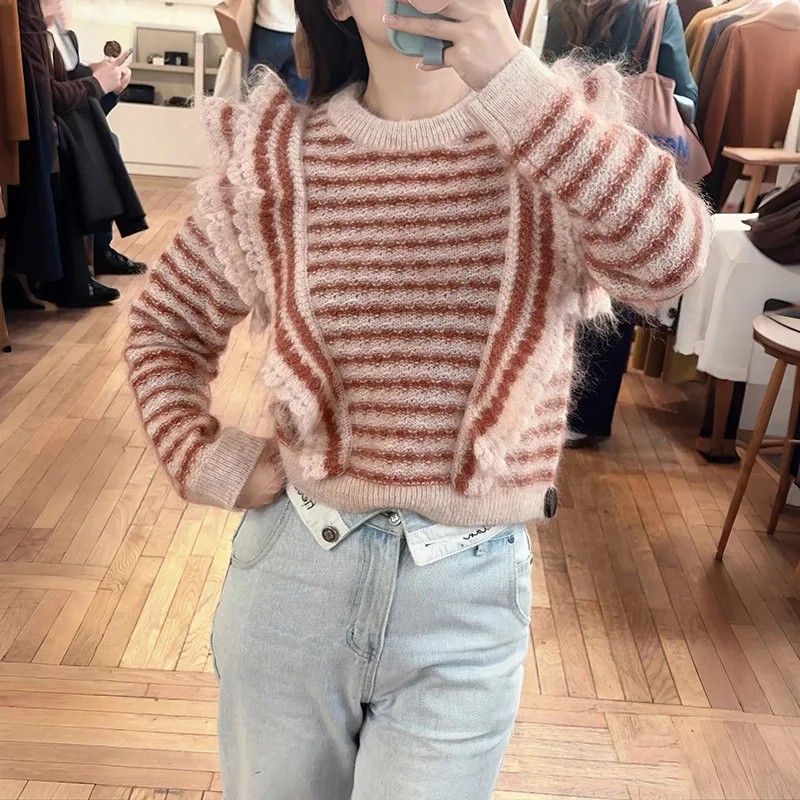 

【Подарок бесплатно】2025 осенне-зимний мохеровый полосатый жаккардовый свитер с круглым вырезом для девочек с рюшами
