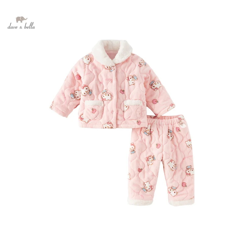 Hello Kitty Dave Bella Children Girl\'s Pajamas Suit 2023 Winter New Fashion Casual Comfortable Cute Sweet Two-Piece DB4237125