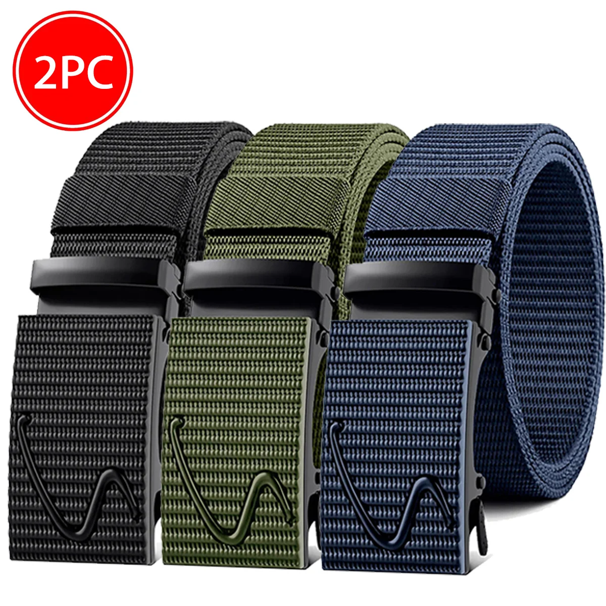 2pcs men's nylon automatic buckle waistband, non perforated tactical belt, suitable for jeans and work pants, multi color set