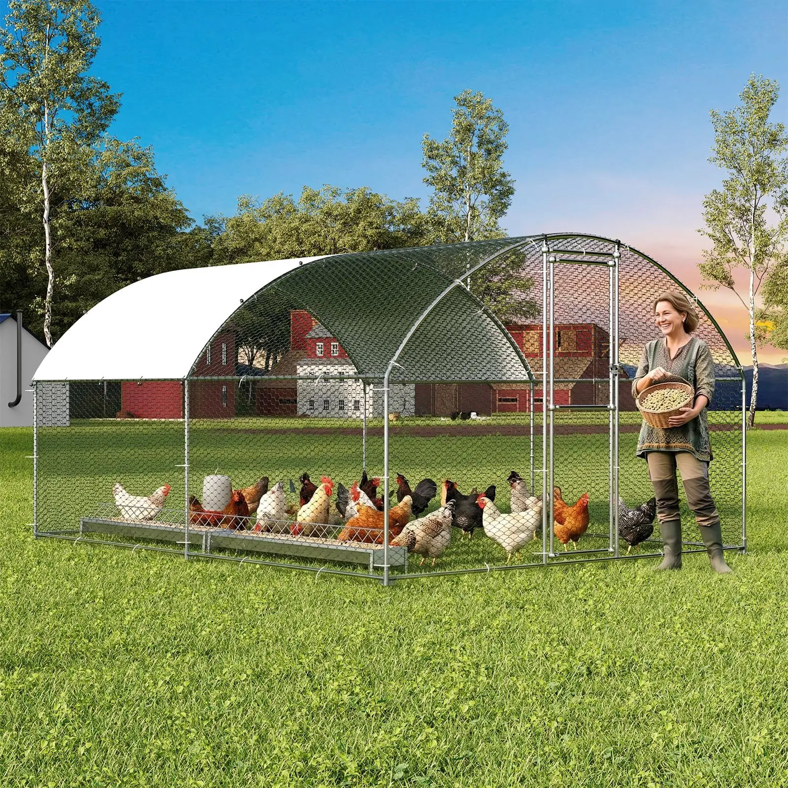 Large Walk-In Chicken Coop for 6-10 Chickens – Outdoor Metal Poultry Cage with Waterproof Anti-UV Cover, Secure Lock, Strong Frame – Ideal for Backyard Farm