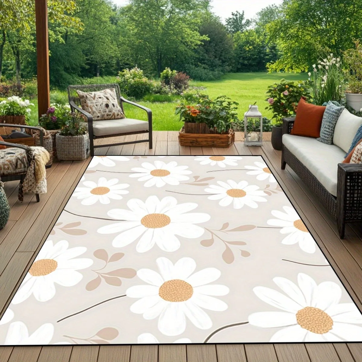 Outdoor Area Carpet Daisy Non Slip Flower Printed Rug Washable Rustic Farmhouse Backyard Sunroom Cozy Boho Home Decor