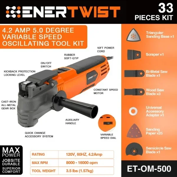 ENERTWIST Oscillating Tool, 4.2 Amp Oscillating Multitool Kit with 5° Oscillation Angle, 6 Variable Speed, 31pcs Saw Accessories