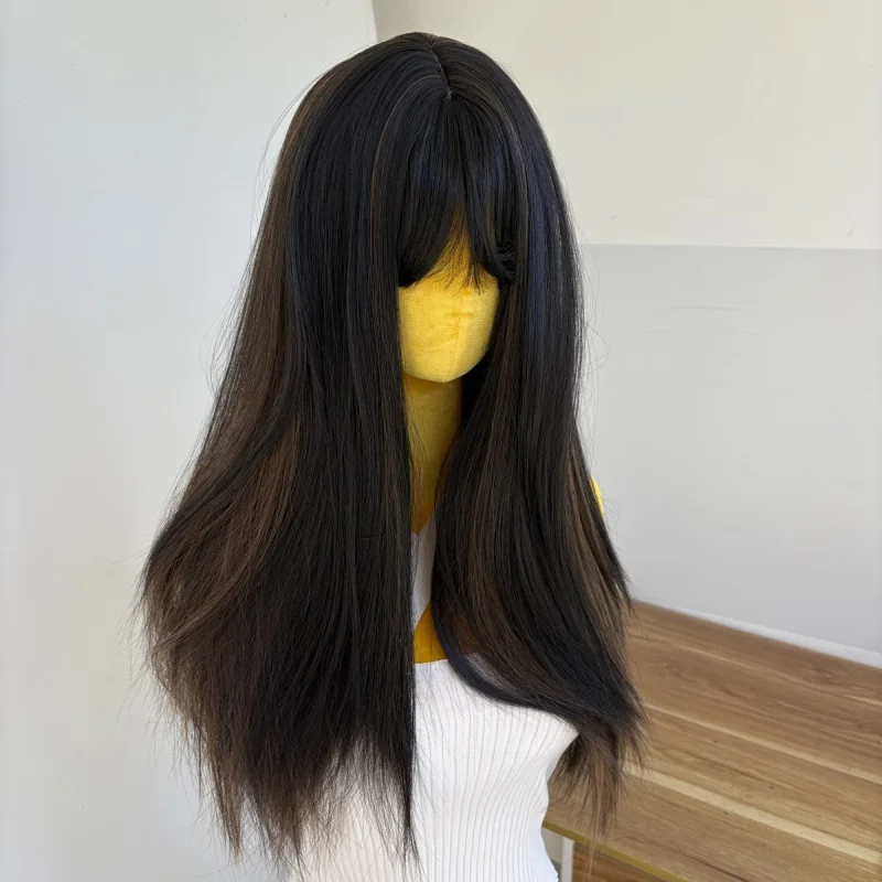 

Long Straight Black Brown Synthetic Hair Dress Up Wigs With Fringe Soft
