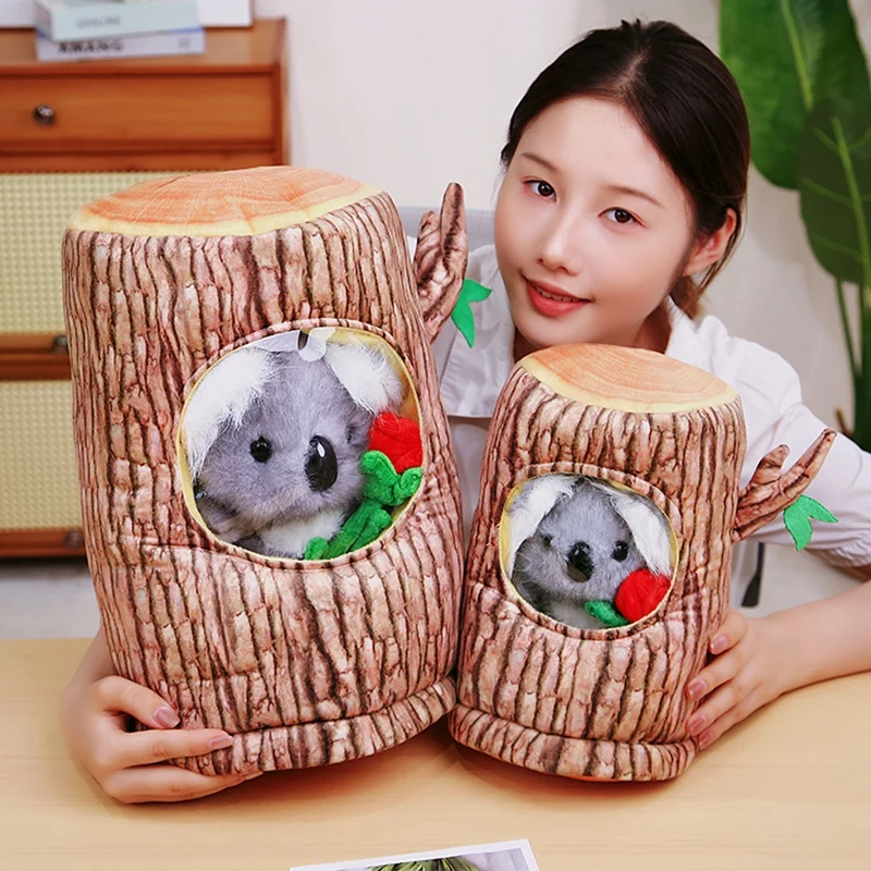 1Pc 28/38CM Creative Koala And Tree Stump Plush Toys Lovely Simulation Koala Holding Rose Stump Shaped Backpack Kawaii Xmas Gift