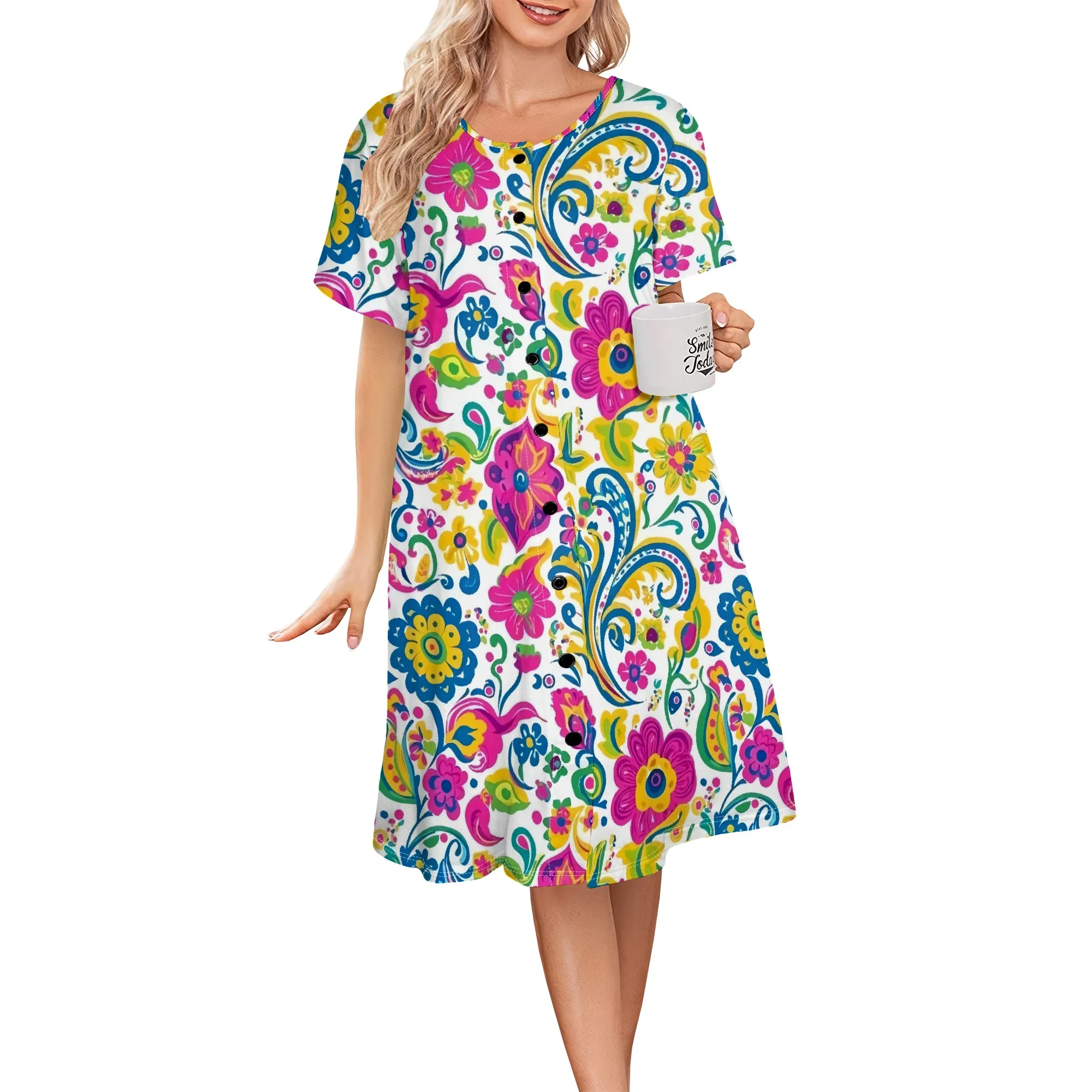 

Womens Summer Casual Midi Bright Paisley Floral Pattern Dresses Short Sleeve Button Down T Shirt Dress Beach Cover Up Dress