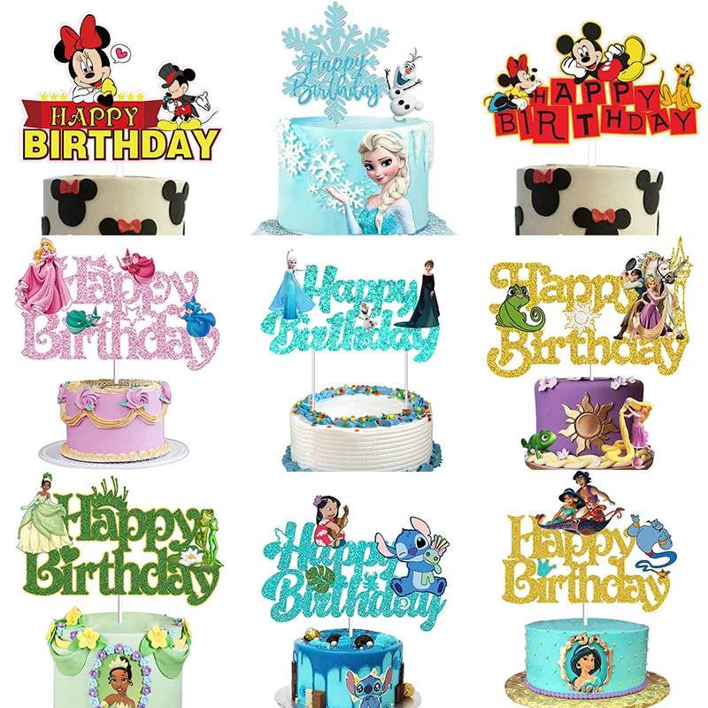 Disney Cartoon Cake Flag Frozen Elsa Anna Rapunzel Jasmine Tiana Princess Mickey Minnie Mouse Birthday Cake Baking Decoration