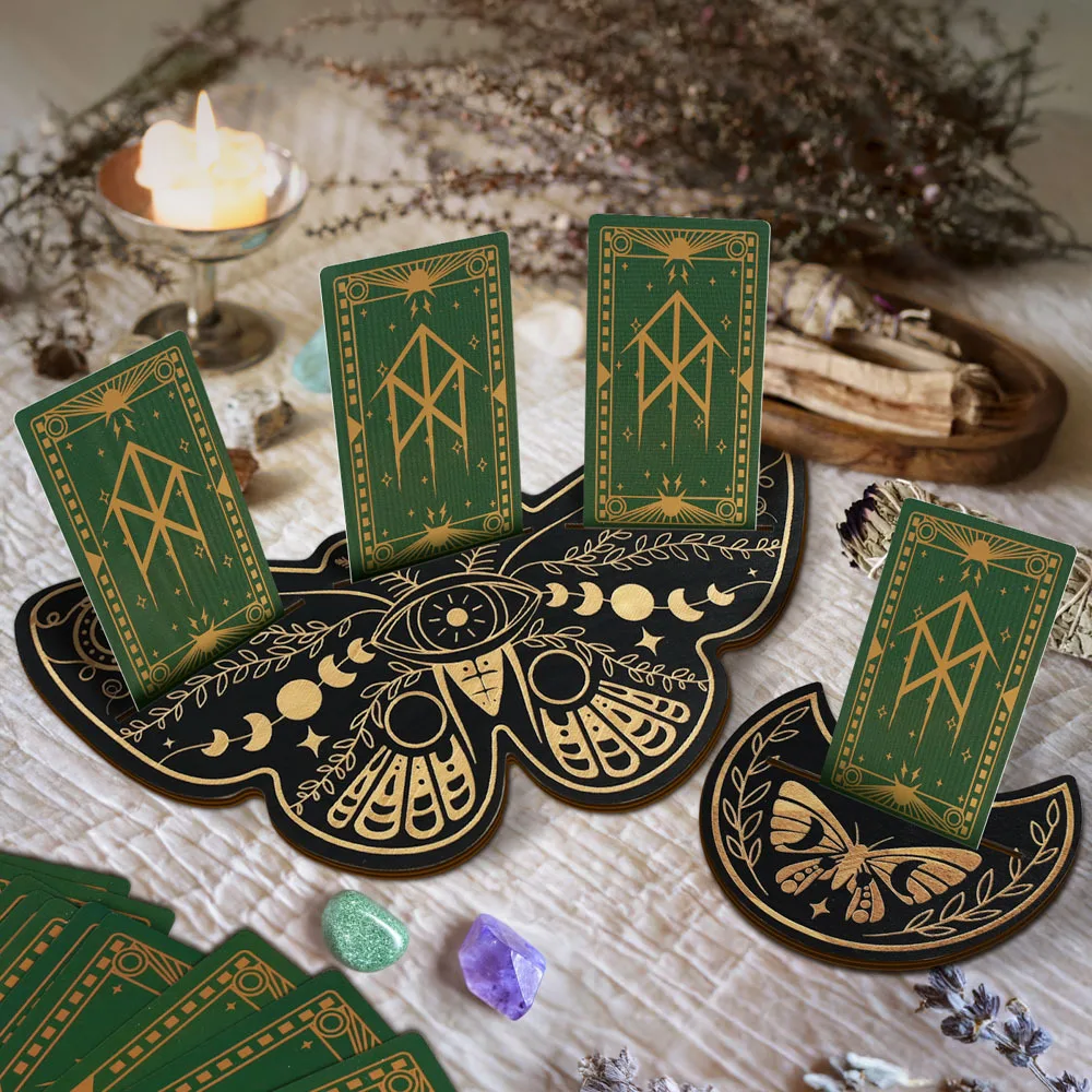 Wooden Tarot Card Holder Stand Set, Vintage Witchy Phases Butterfly Tarot Cards Deck Display Shelf Divination Meditation Tool