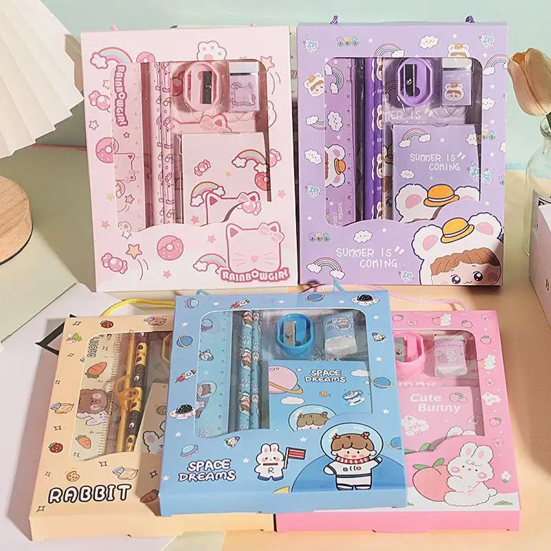 5/6Pcs Cartoon Stationery Set With Pencil Ruler Eraser Sharpener Notebook For Kids Students Back To School Daily Study Gifts
