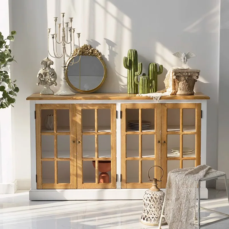 

American light luxury solid wood dining side cabinet, living room simple antique four-door storage decorative cabinet, French