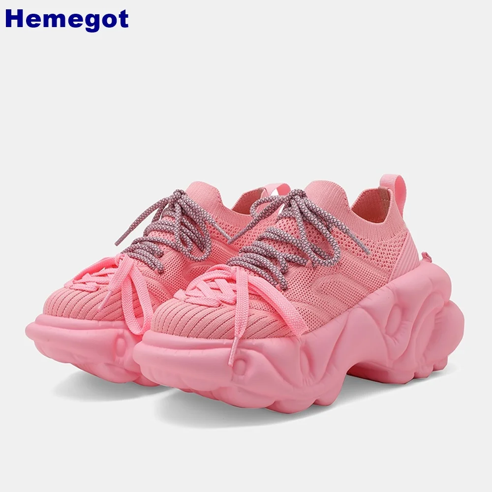 

Platform Round Toe Mesh Sneakers 2024 New Punk Rock Street Style Lace-Up Running Shoes Pink Fashion Ins Style Women Casual Shoes