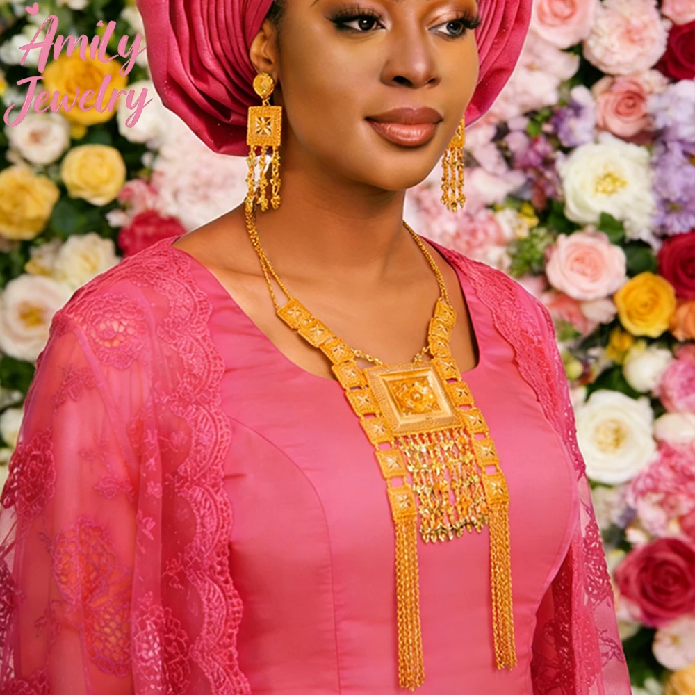 

Dubai Drop Earring Luxury Long Tassel Necklace Set Jewelry Earring African Gold Color Jewelry Set Lady Wedding Party Lady Gifts