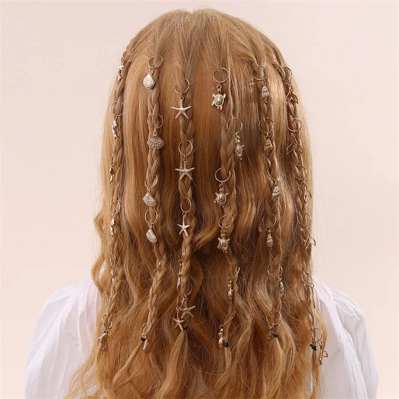 

Dreadlock Cuffs with Shell Starfish Pendant Set Hair Rings for Women Non-Slip Braid Ties Boho Beach Festival Hair Accessories