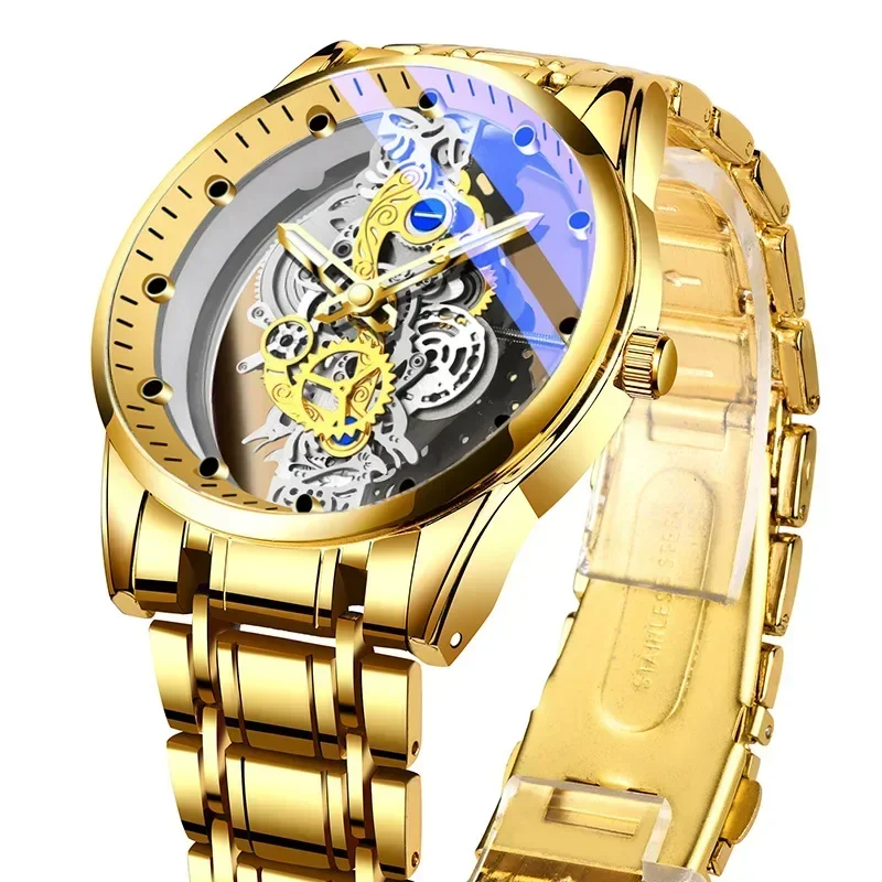 Double Sided Transparent Hollow Quartz Watch for Men Waterproof Night Light Stainless Steel Watch