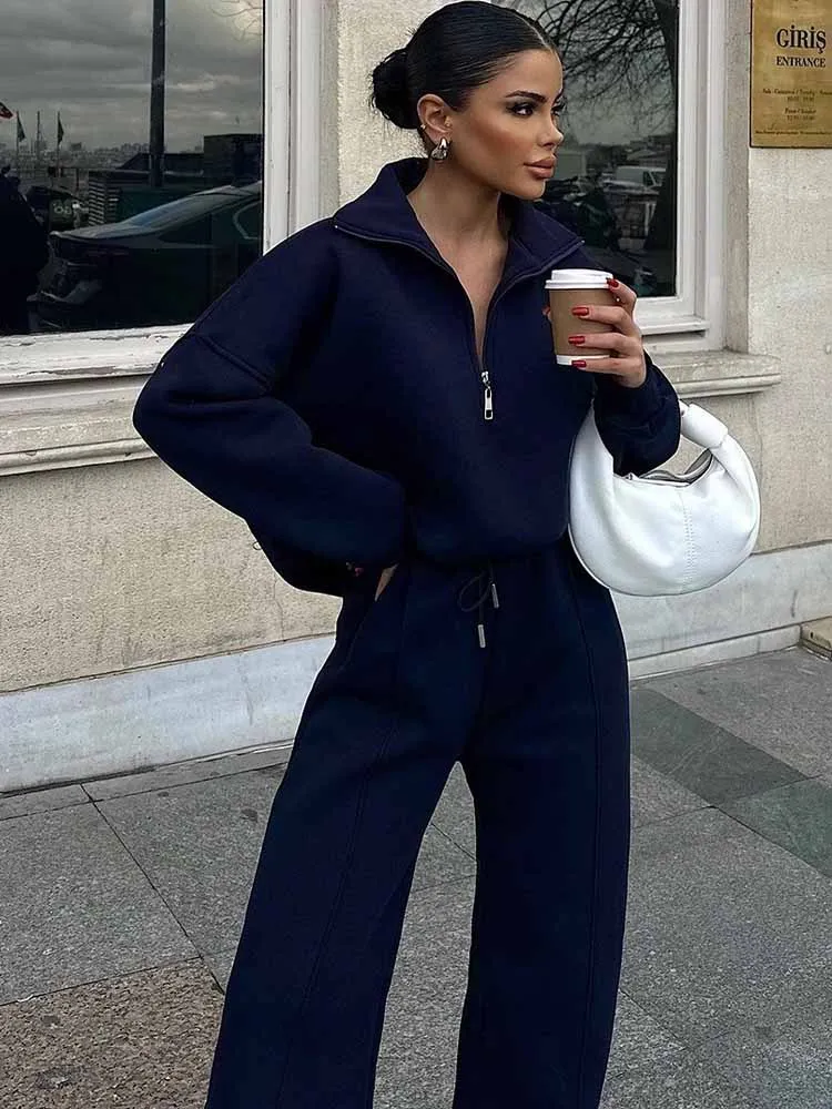 

Осенне-зимний спортивный костюм, женский повседневный свободный свитшот на молнии и широкие брюки с высокой талией, одинаковые костюмы из 2 предметов, 2025 г.