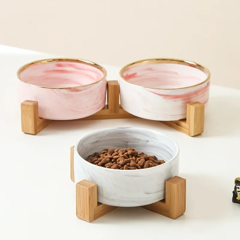 Ceramic Pet Bowl Dish with Wood Stand No Spill Pet Ceramic Double Bowl for Dog Cat Food Water Feeder Cats Small Dogs Pet Bowl