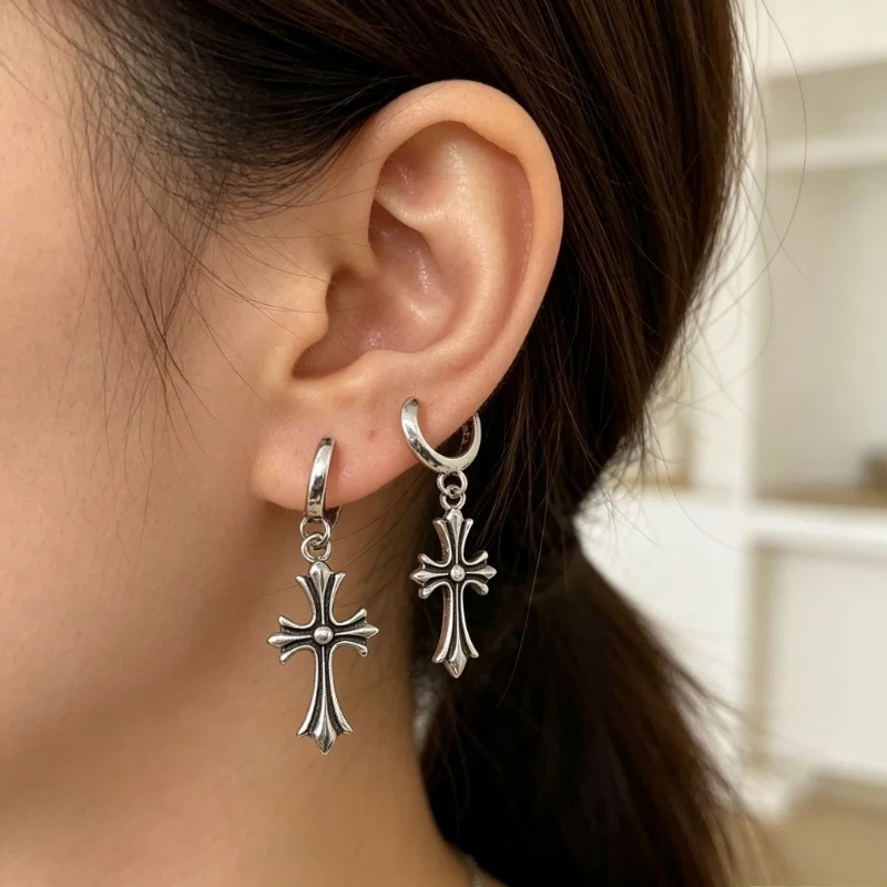 Retro Punk Cross Shape Ear Studs Unisex Gothic Style Earrings, Stainless Steel Inlaid Black Zircon Ear Piercing Jewelry, Cool Street Hip Hop Ear Accessory, Ideal Gift for Anniversary, Halloween, Dating and Daily Matching