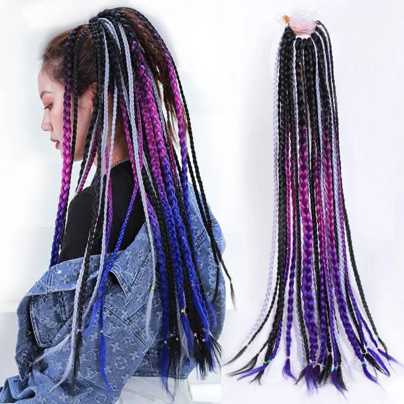 60cm Hair Color Gradient Dirty Braided Ponytail 12Pcs/Pack Colorful Elastic Hair Band Rubber Band Hair Accessories Wig Headband