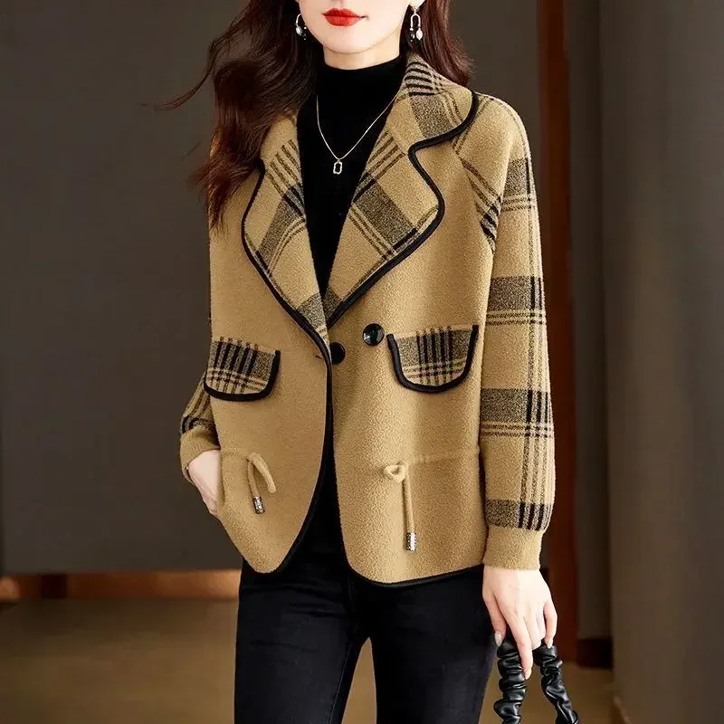 Colorblock Plaid Crop Clothes Coats for Women Loose Wool & Blend Blazer Woman Check Short Tweed Outerwears Green Jacket Spring