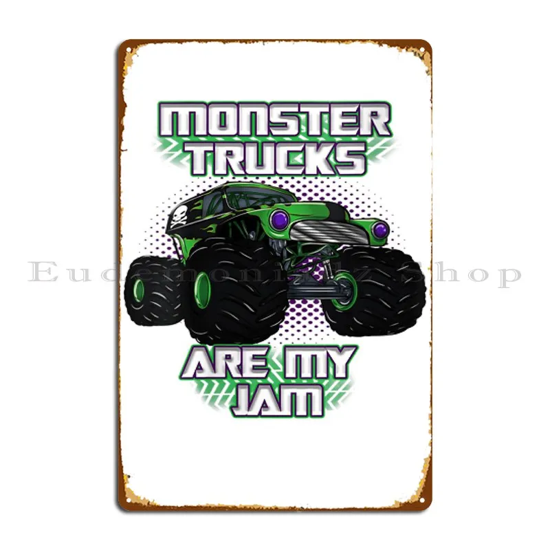 Womens Monster Trucks Are My Jam Birthday Gift V Neck Metal Sign Retro Wall Decor Pub Printing Printing Tin Sign Poster