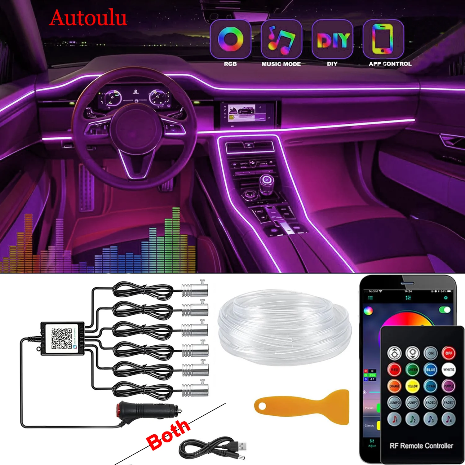 Flexible EL-Draht-Lichter 12V mit App-Fernbedienung, Ambiente-Atmosphäre-Streifenlicht, Auto-Dekorationslampen