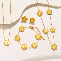 304L Stainless Steel Flower Bracelet Necklace Earrings For Women Golden Plum Blossom Temperament Daily Workday Jewelry Set Gift