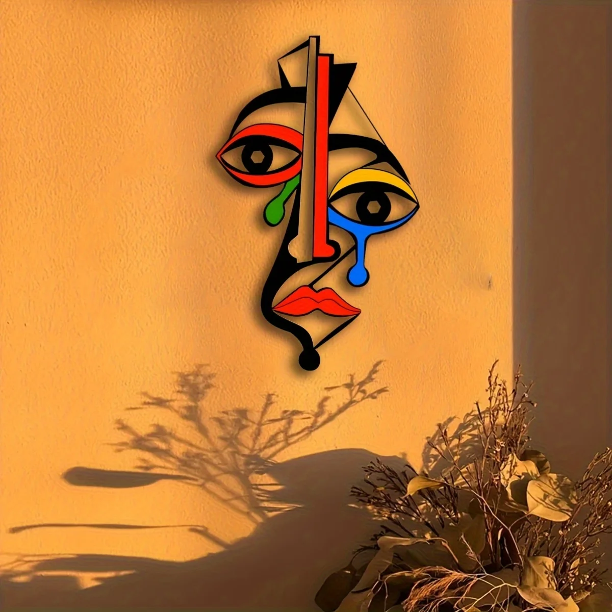 Picasso-inspirierte Metall-Wandkunst, farbenfrohe kubistische Gesichtsskulptur mit kräftigem geometrischem Design, abstrakte moderne Dekoration für das Wohnzimmer – Detail 7
