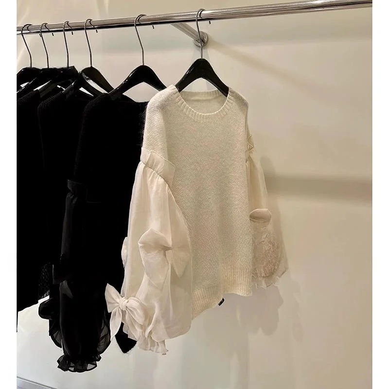 

Ele Woolen Knitwear Top with Lazy Knot Lantern Sve for Women Spring Autumn Loose Fit round Neline