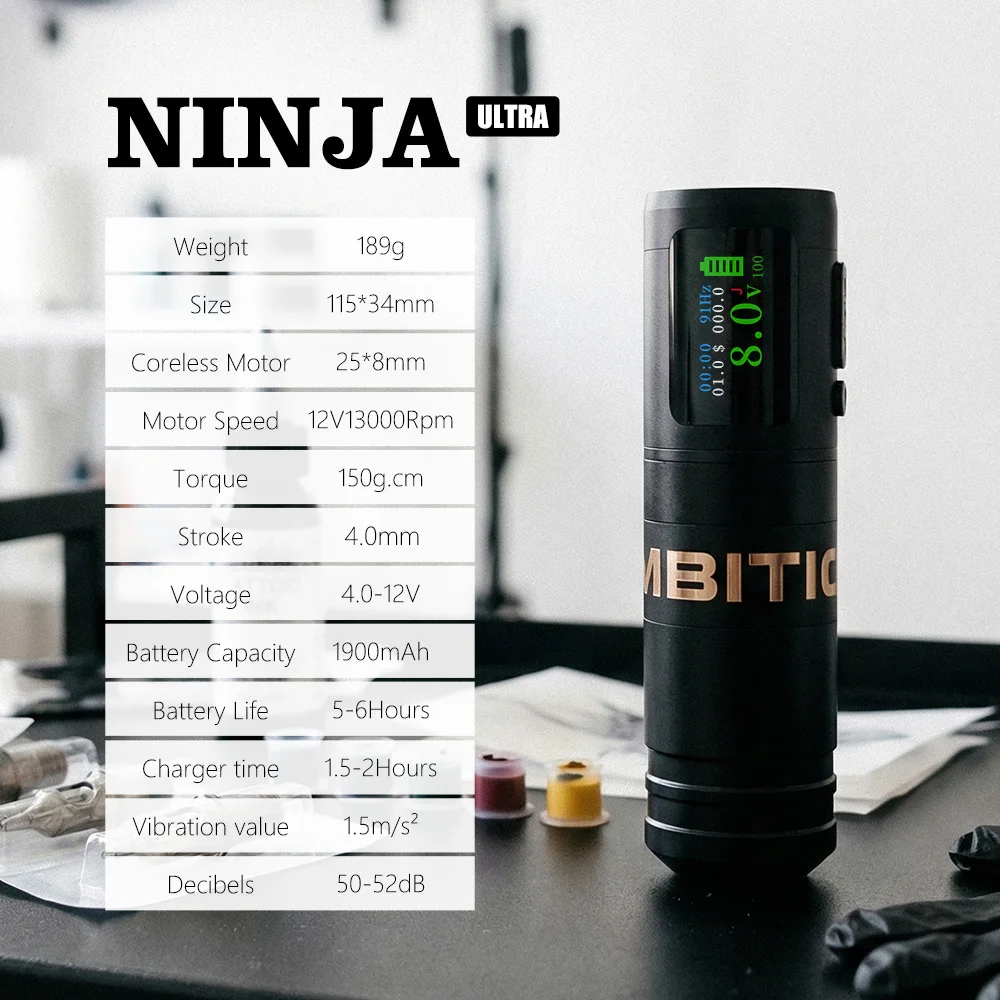 Ambition Ninja Ultra 2026 Coreless Motor Wireless Tattoo Machine Pen 1900mAh Billing Battery Straight Rod 4mm Stroke Tattoo Art