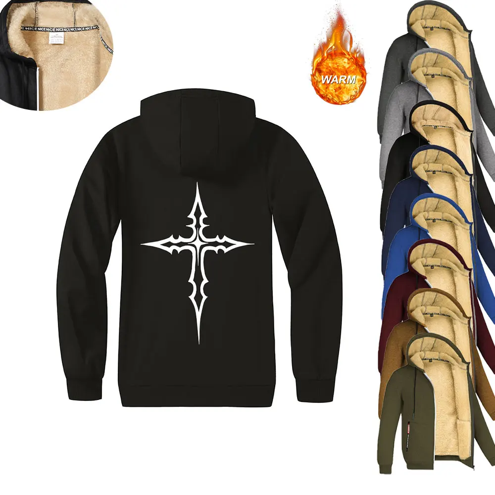 

Cross Printing Fleece Lined Heavyweight Jackets for Men Zipper Hoodie for Autumn and Winter High Quality Outdoor Outerwear