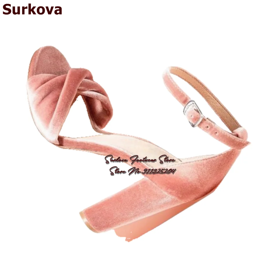 Surkova sandali con tacco grosso in velluto rosa donna eleganti scarpe da sposa con nodo a farfalla cinturino con fibbia alla caviglia décolleté