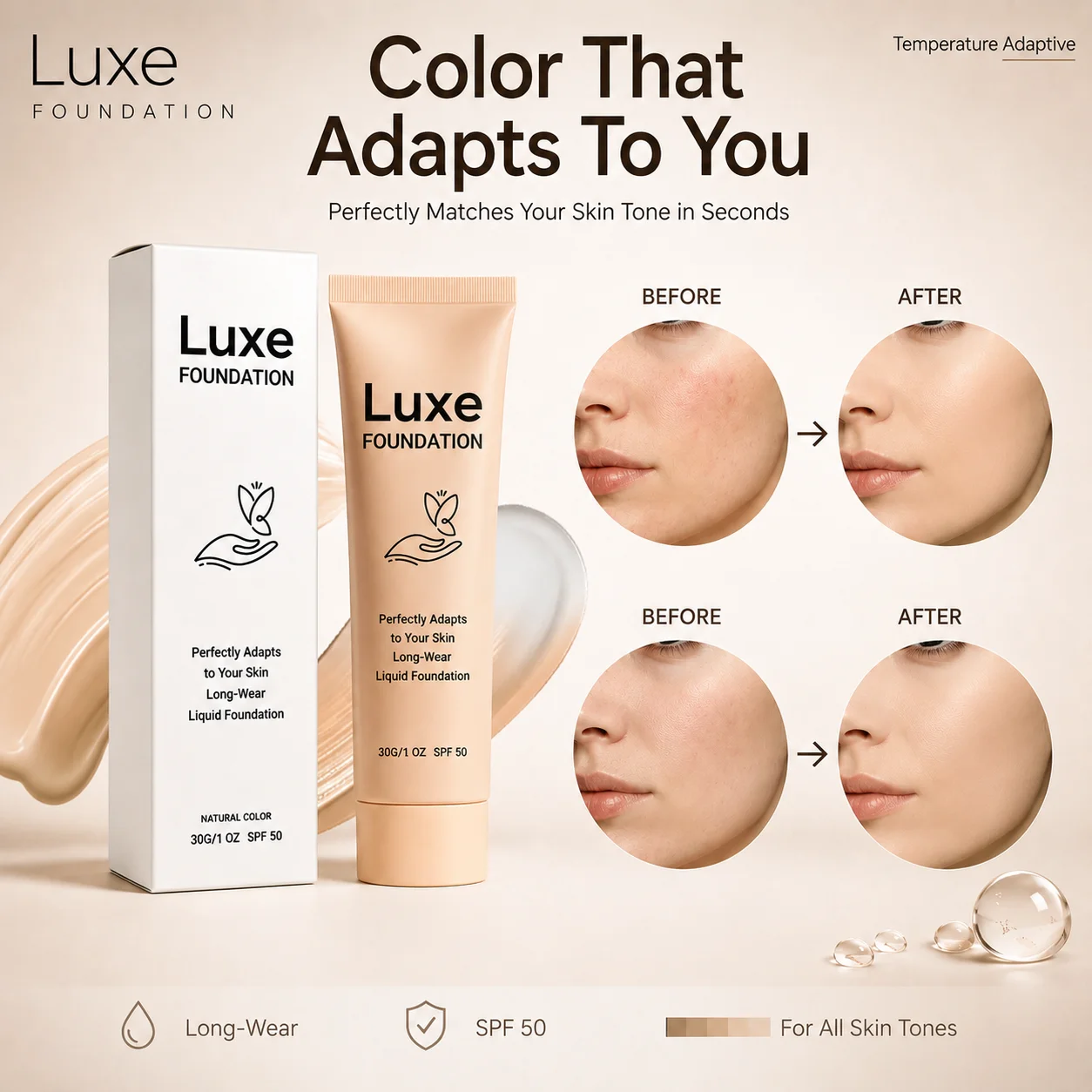Luxe SPF50 Color Changing Liquid Foundation Lightweight Self-Adjusting Skin Tone Matching Full Coverage Concealer Makeup Base