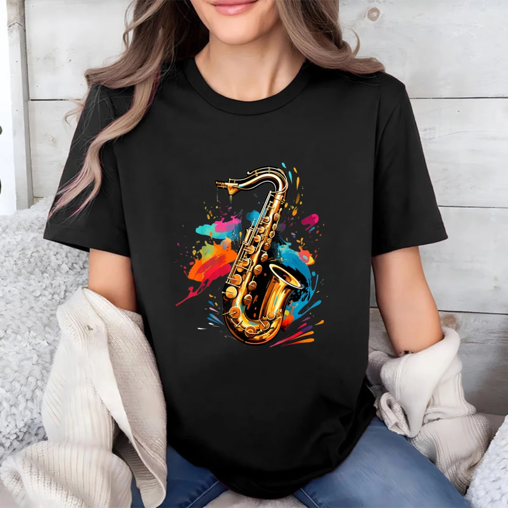 Color Splash Saxophone Vibrant Jazz Instrument Graphic T Shirt Men Sax Player Print Tee Cotton Shirt Music Festival Casual Tops