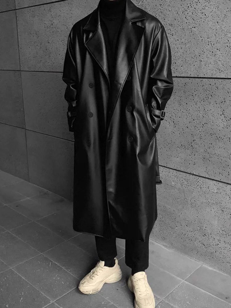 

Модная мужская кожаная куртка-пальто выше колена в корейском стиле для осени и весны, премиум-класса, повседневная, свободного кроя, для молодежи