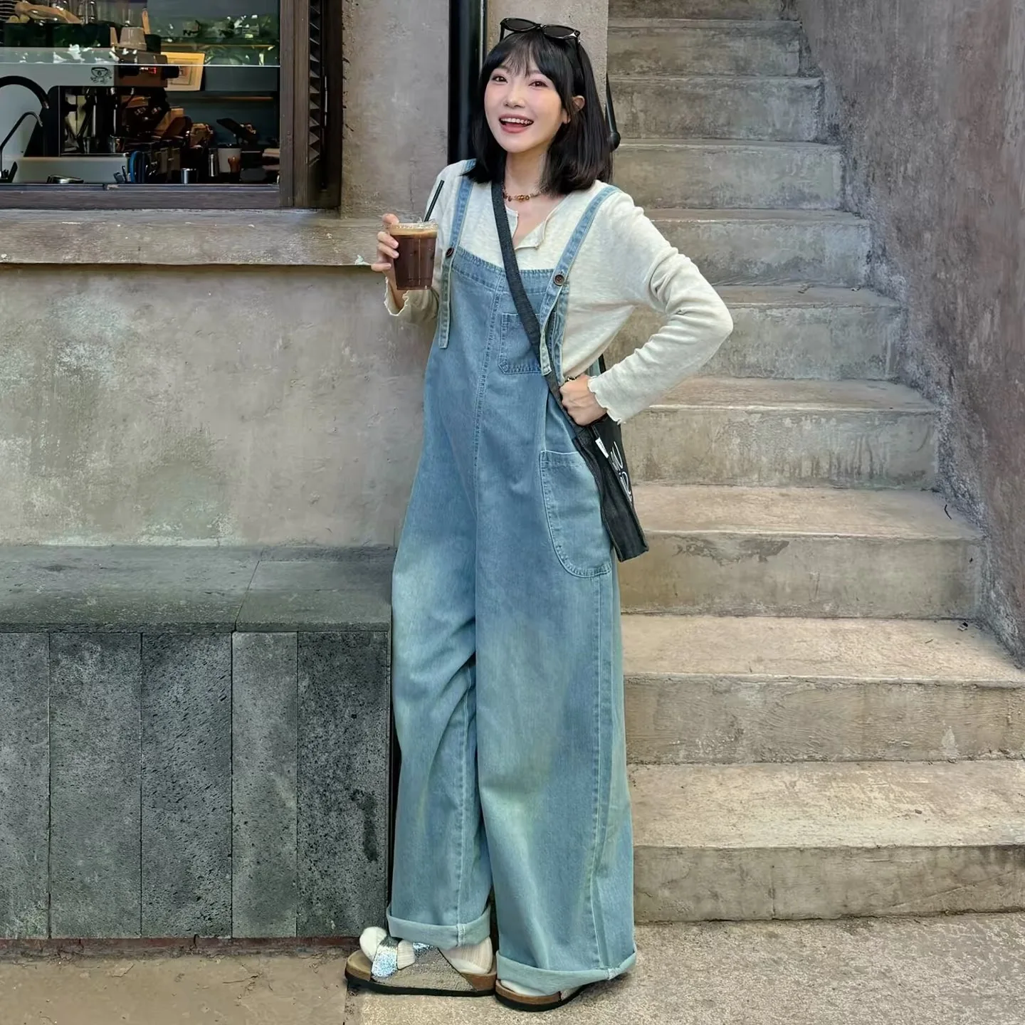 maternity-set-american-retro-wide-leg-denim-overalls-knitted-top-autumn-winter-new-style-two-piece-trendy-cotton-inner
