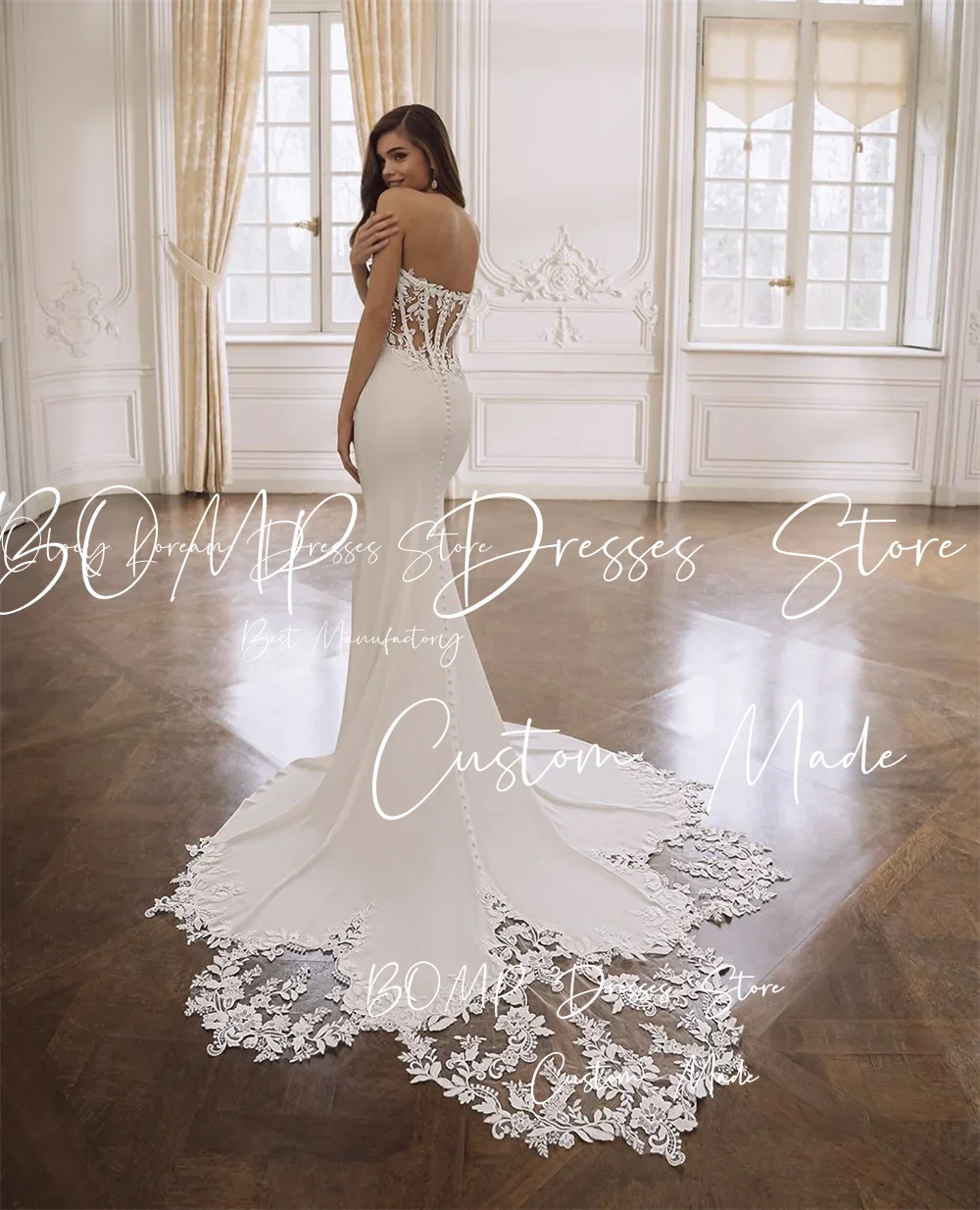BOMP op maat gemaakte witte trouwjurk met hartvormige halslijn, mouwloos, rits aan de achterkant, vestidos de noiva, sexy zeemeermin satijnen avondjurk 2026