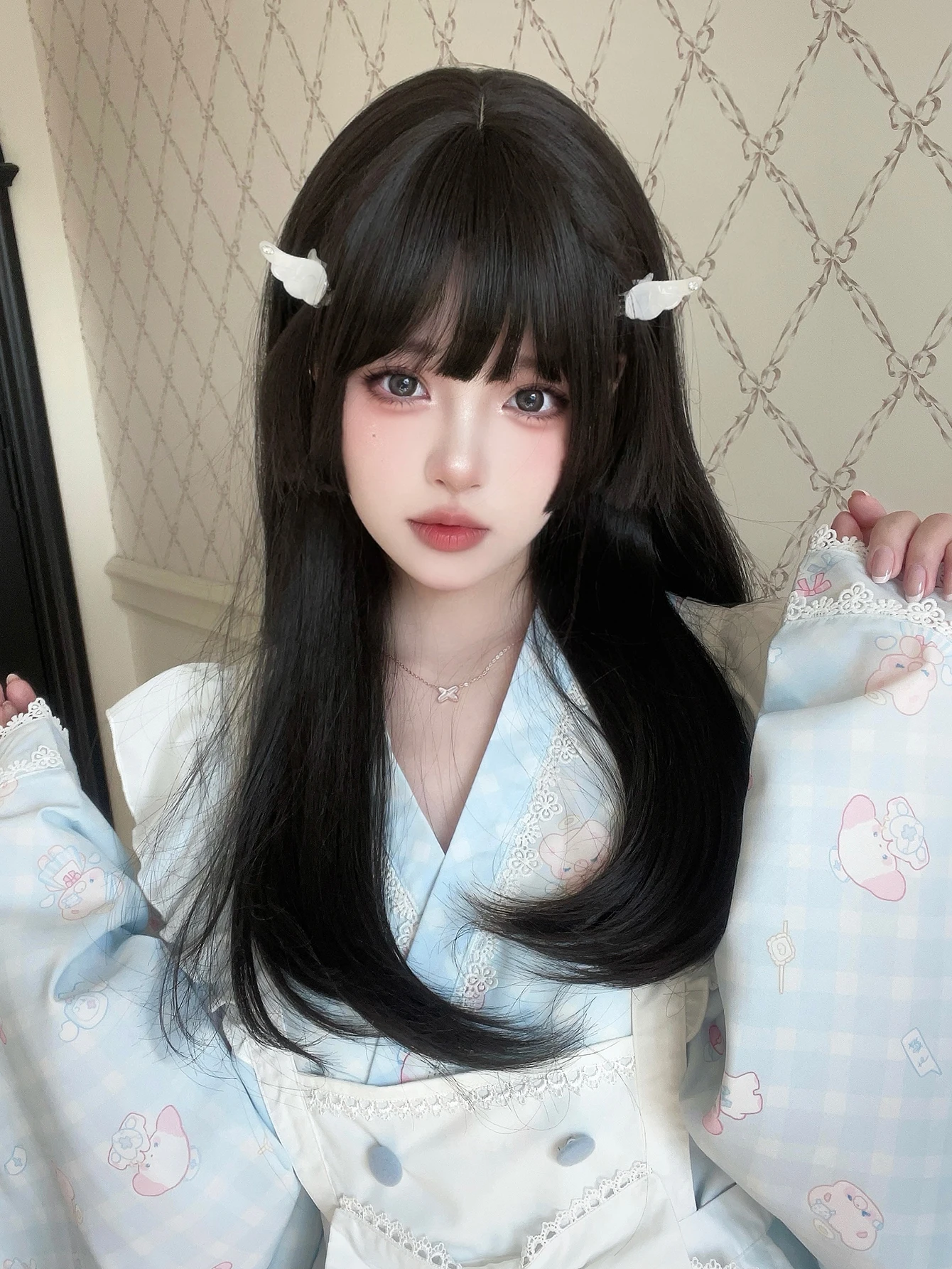 22Inch Black Lolita Hime Cut Synthetic Wigs with Bang Long Natural Straight Hair Wig for Women Daily Use Cosplay Heat Resistant