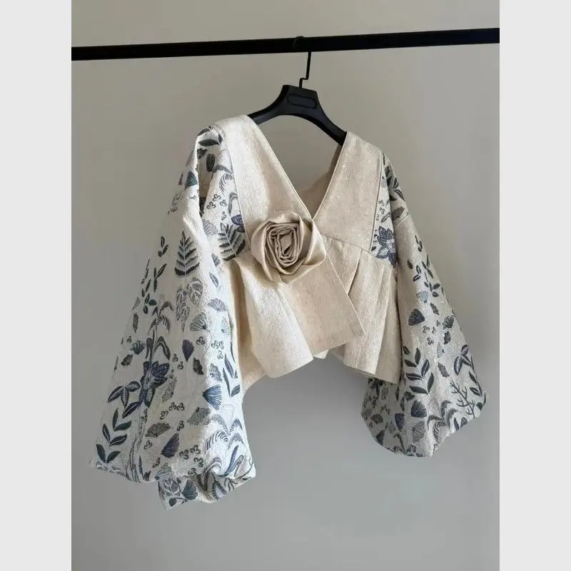 Women Floral Print Panel Patchwork Jacket Spring Autumn V-neck Puff Sleeve Top with 3D Flower Appliqué Elegant Casual Coat Cover
